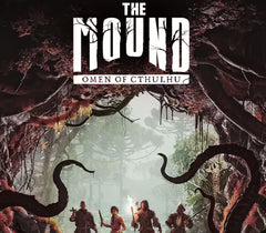 The Mound: Omen of Cthulhu video game cover art featuring four characters holding torches in a misty forest, framed by giant tentacles and dark organic structures, with the title text at the top.