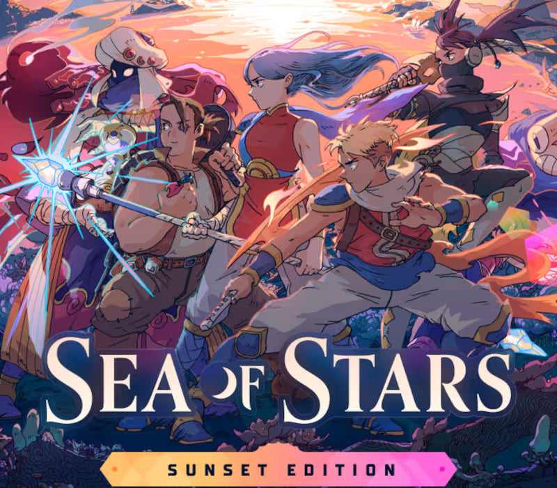 Promotional artwork for the game Sea of Stars Sunset Edition, featuring multiple fantasy characters in an action scene with glowing weapons and a warm sunset sky. The title 'SEA OF STARS' appears in large white letters, with 'SUNSET EDITION' on an orange and pink banner below.