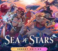 Promotional artwork for the game Sea of Stars Sunset Edition, featuring multiple fantasy characters in an action scene with glowing weapons and a warm sunset sky. The title 'SEA OF STARS' appears in large white letters, with 'SUNSET EDITION' on an orange and pink banner below.