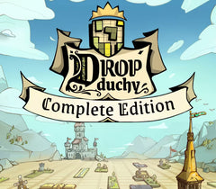Promotional graphic for the video game Drop Duchy Complete Edition, featuring the stylized game title logo above a cartoon landscape with a castle, mountains, and a golden tower under a blue sky.