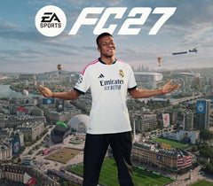 A man wearing a white Real Madrid soccer jersey with black shorts stands with arms outstretched against a cityscape background. Large text at the top reads EA SPORTS FC27.