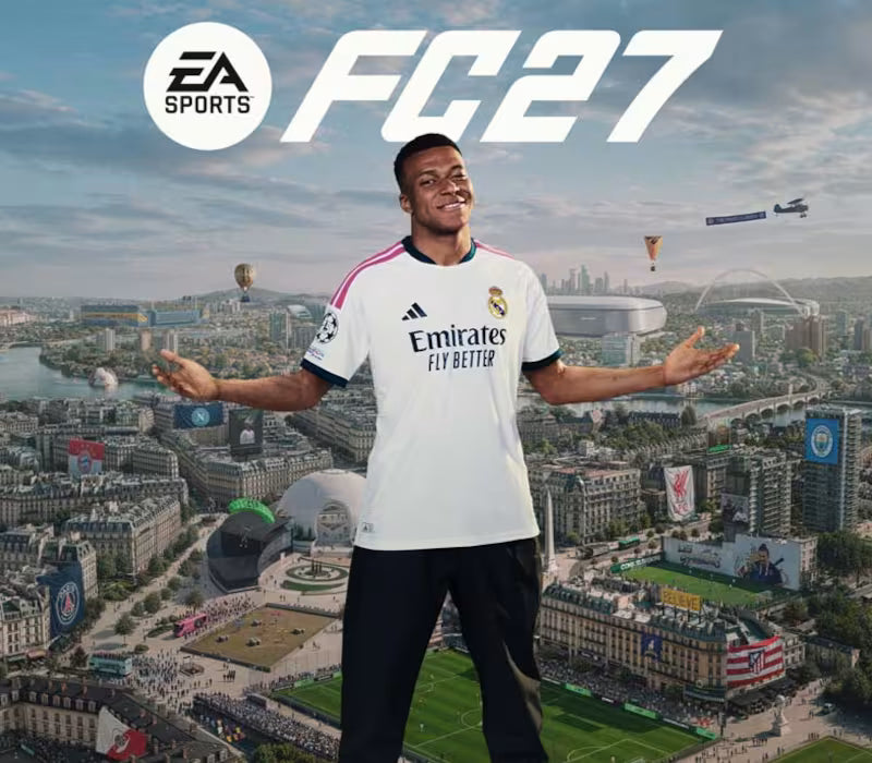 A man wearing a white Real Madrid soccer jersey with black shorts stands with arms outstretched against a cityscape background. Large text at the top reads EA SPORTS FC27.