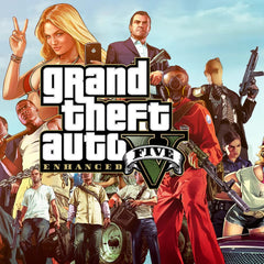 Promotional artwork for Grand Theft Auto V Enhanced Edition, featuring multiple illustrated characters and the game title logo across the center.