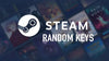 Лого на Steam с текст 'Случайни ключове' на фона на размазани обложки на игри.