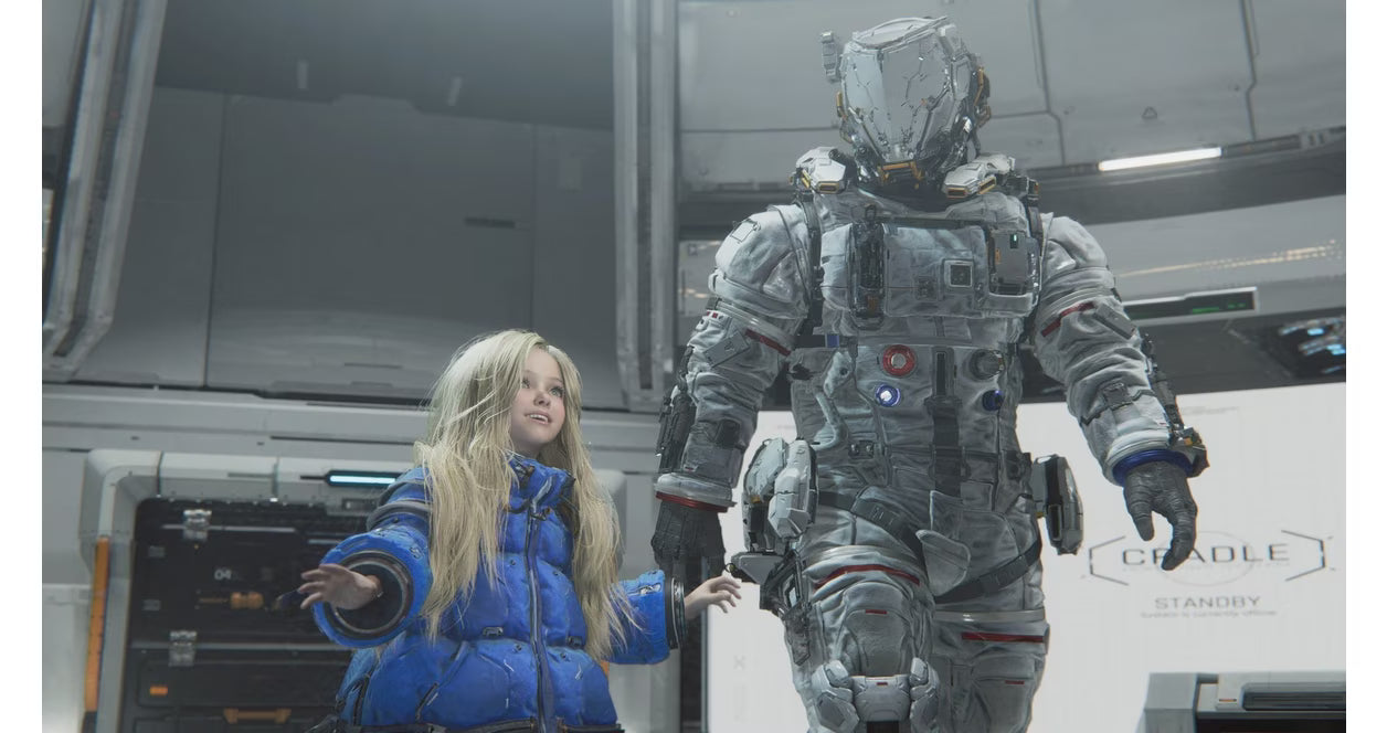 Person in a blue jacket standing next to a robot in a futuristic setting