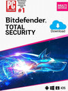 Опаковка на Bitdefender Total Security с футуристичен дизайн на космически кораб на бял фон.
