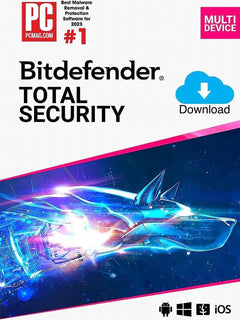 Bitdefender Total Security csomagolása futurisztikus űrhajó dizájnnal fehér háttéren.