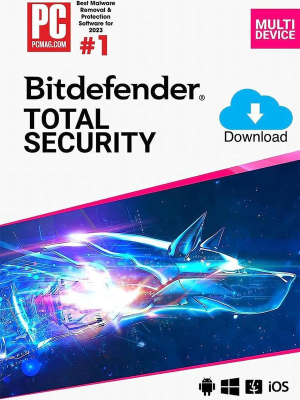 Embalagem do Bitdefender Total Security com um design futurista de nave espacial em um fundo branco.