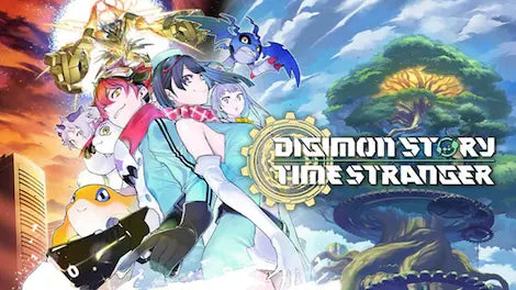 Promotional image for 'Digimon Story: The Stranger' with characters and Digimon.