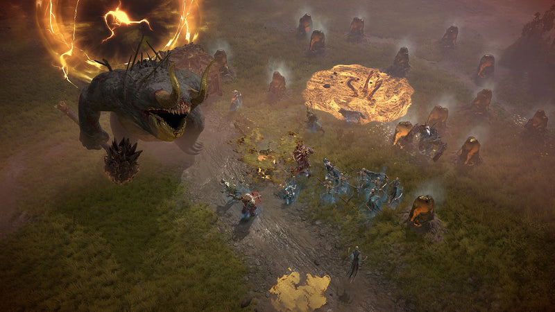 Fantasy scene with a large creature and people around a glowing circle on a grassy field.