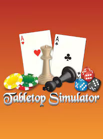 Logotipo de Tabletop Simulator con cartas, piezas de ajedrez y dados sobre un fondo naranja