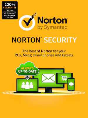 Norton Security software package on a yellow background with Norton logo and branding.