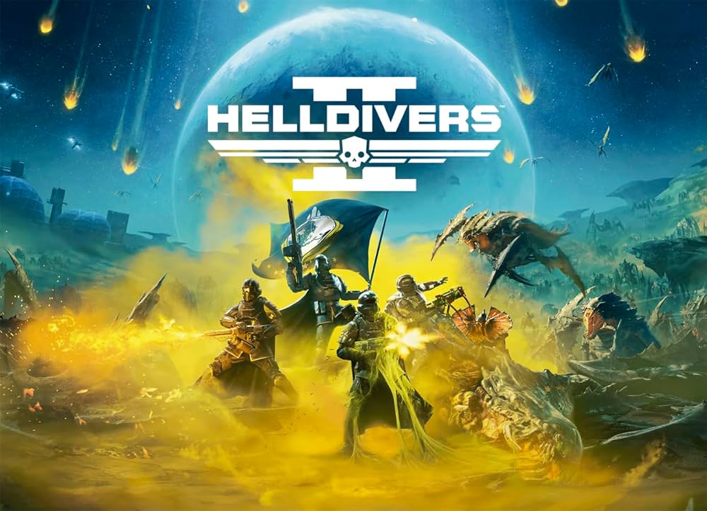 Promotional image for 'Helldivers' with characters in a futuristic setting and the game's logo.