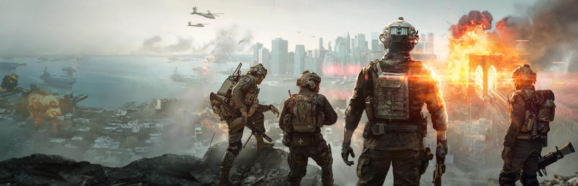 Soldiers in military gear amidst a cityscape with destruction and fire.