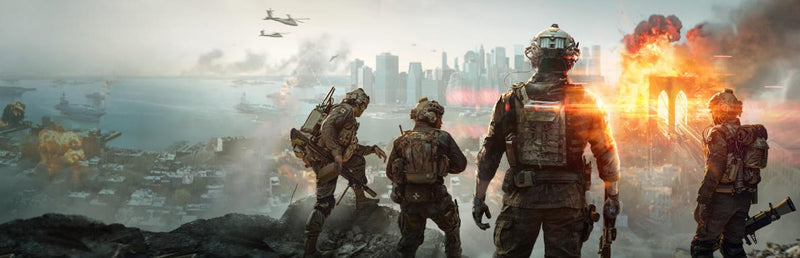 Soldiers in military gear amidst a cityscape with destruction and fire.