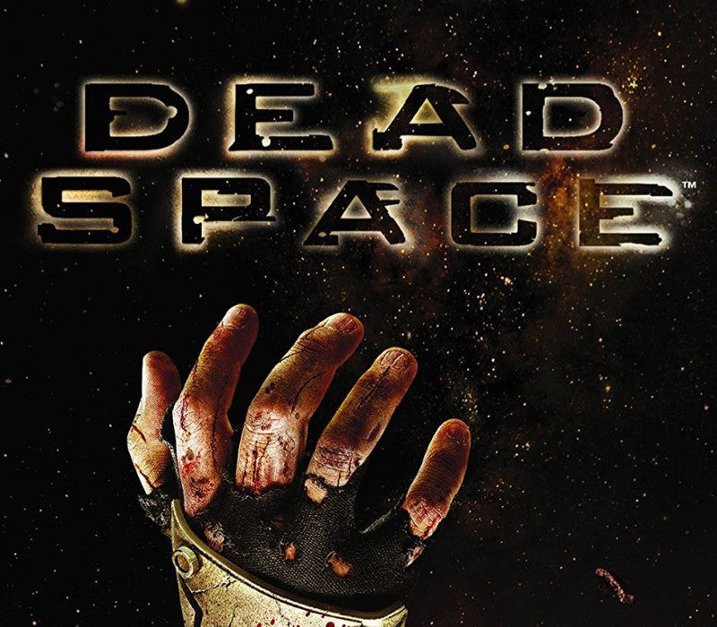 Dead Space logo with a bloody hand in a glove on a dark space-themed background