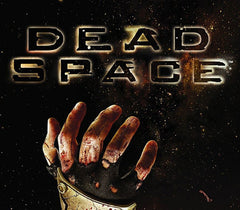 Dead Space logo with a bloody hand in a glove on a dark space-themed background