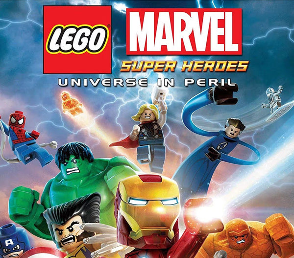 Promotional image of LEGO Marvel Super Heroes with characters and branding.