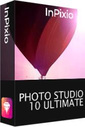 Empaque del software InPixio Photo Studio 10 Ultimate sobre un fondo negro
