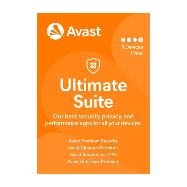Avast Ultimate Suite packaging with orange background and Avast logo.