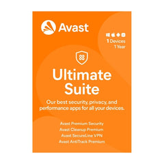 Empaque de Avast Ultimate Suite con fondo naranja y logo de Avast.