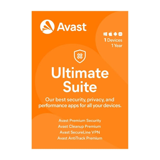 Avast Ultimate Suite packaging with orange background and Avast logo.