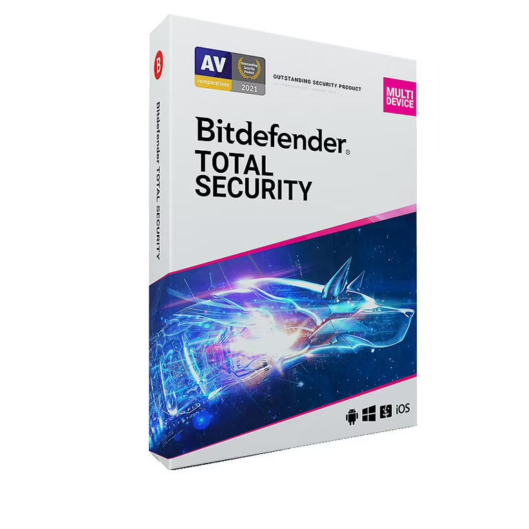 Confezione di Bitdefender Total Security su sfondo bianco