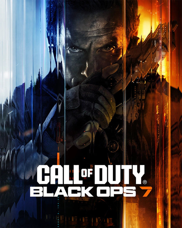 Promotional poster for 'Call of Duty: Black Ops 7' with a character holding a weapon.