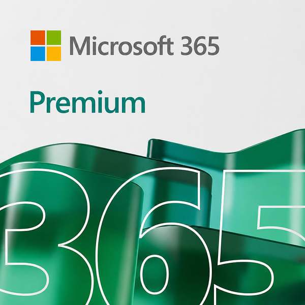 Microsoft 365 Premium promotional graphic with the Microsoft 365 logo, the word Premium in teal, and large stylized green 365 numerals on a light gray background.