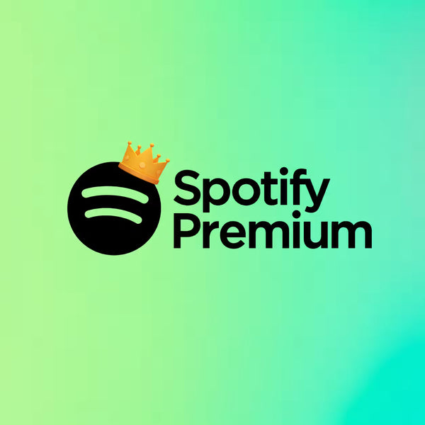 Spotify Premium logo with a black circle and crown icon on a green-to-teal gradient background.