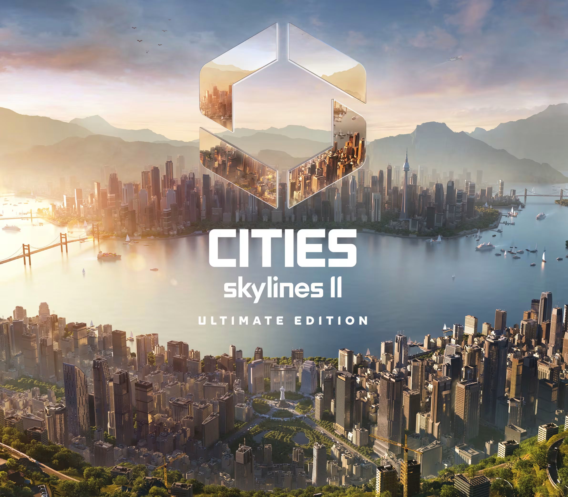 Promotional artwork for Cities Skylines II Ultimate Edition, showing a detailed aerial view of a coastal city with water, bridges, mountains, and dense skyscrapers under a warm sky. A large transparent geometric logo sits above the title text.