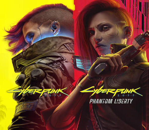 Promotional poster for 'Cyberpunk 2077: Phantom Liberty' featuring a character with cybernetic enhancements.