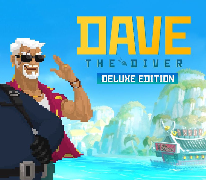 Pixel art character of Dave the Diver with a tropical island and ship in the background, featuring 'Dave the Diver Deluxe Edition' text.