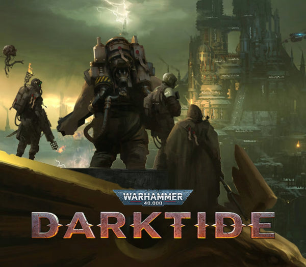 Promotional image for 'Darktide' from Warhammer 40,000 with characters and a large robot-like creature.
