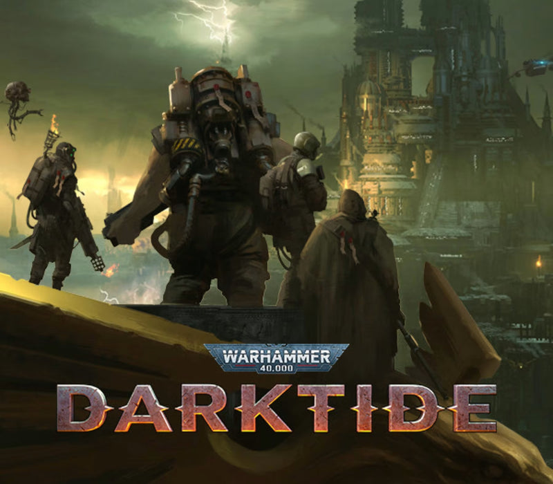 Promotional image for 'Darktide' from Warhammer 40,000 with characters and a large robot-like creature.