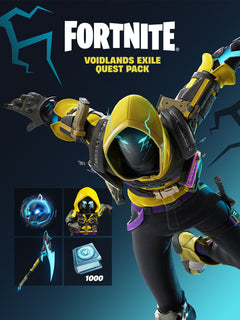 Imagem promocional para o Pacote de Missão Exílio das Terras do Vazio do Fortnite, apresentando um personagem em armadura amarela e preta com uma espada, ao lado de ícones representando itens e moeda do jogo.