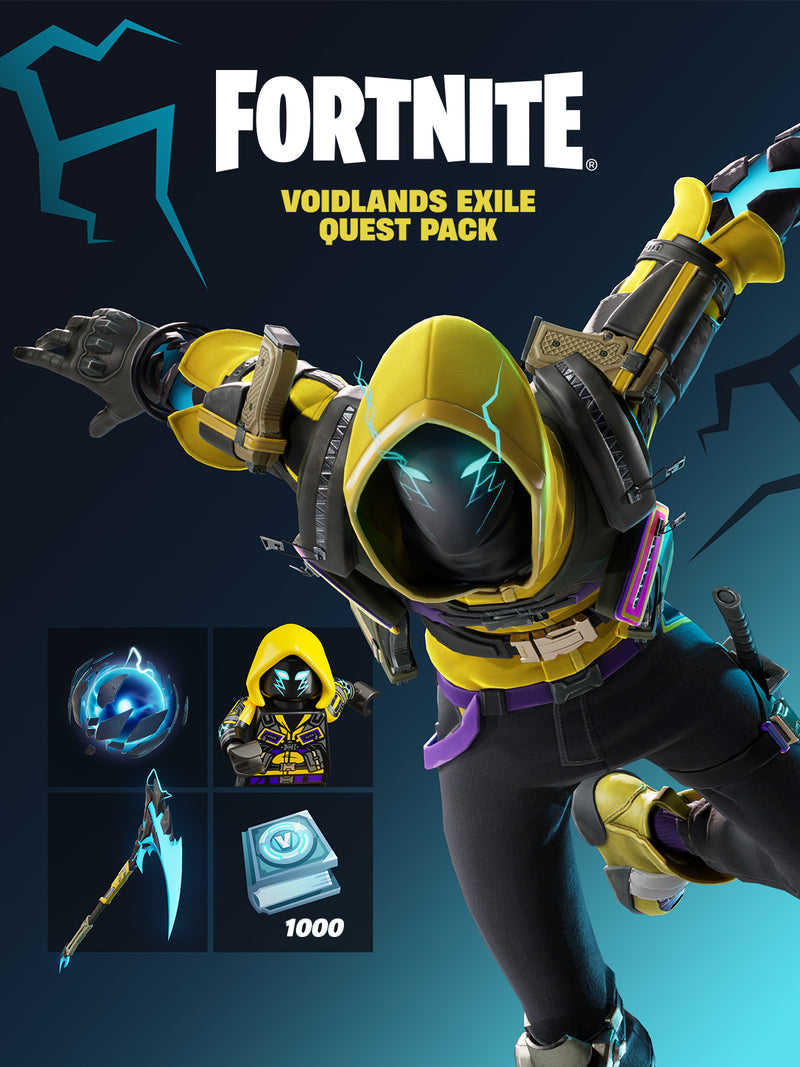 Imagem promocional para o Pacote de Missão Exílio das Terras do Vazio do Fortnite, apresentando um personagem em armadura amarela e preta com uma espada, ao lado de ícones representando itens e moeda do jogo.