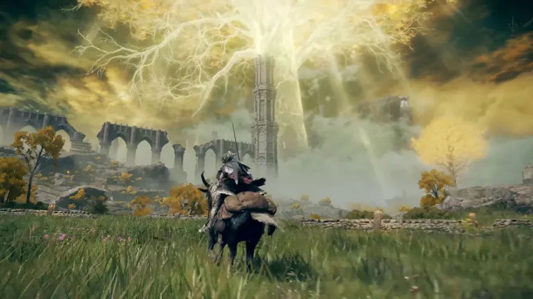 Person on horseback in a fantasy setting with a large glowing tree and ruins in the background