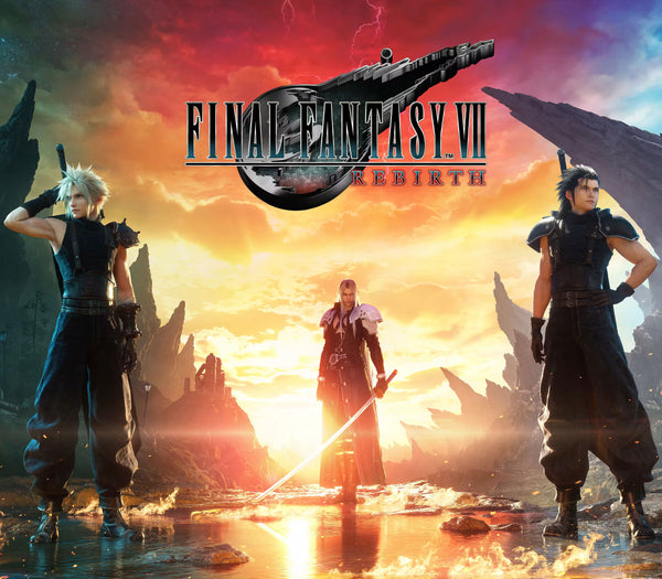 Promotional image for 'Final Fantasy VII Rebirth' featuring characters against a dramatic sky.