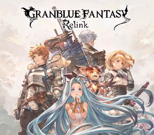 Promotional artwork for Granblue Fantasy Relink, featuring multiple fantasy characters in a group illustration against a soft, cloudy light background. The title 'Granblue Fantasy Relink' is displayed prominently at the top.