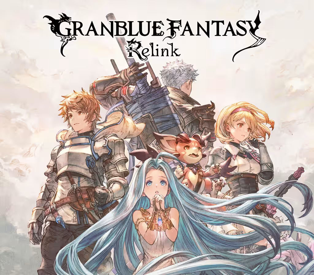 Promotional artwork for Granblue Fantasy Relink, featuring multiple fantasy characters in a group illustration against a soft, cloudy light background. The title 'Granblue Fantasy Relink' is displayed prominently at the top.