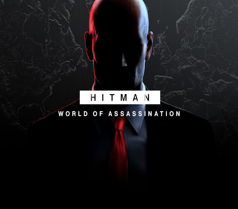 Hitman logo with a silhouette of a character in a suit and red tie against a dark background.
