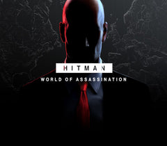 Hitman logo with a silhouette of a character in a suit and red tie against a dark background.