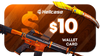 Hellcase $10 wallet card with a stylized gun design on a brown background