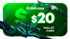 Hellcase $20 wallet card with a green background and gaming-themed design.