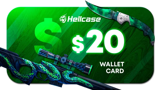Hellcase $20 wallet card with a green background and gaming-themed design.