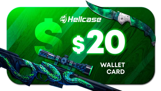 Hellcase $20 wallet card with a green background and gaming-themed design.