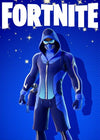Character in a blue outfit with 'Fortnite' branding on a blue background