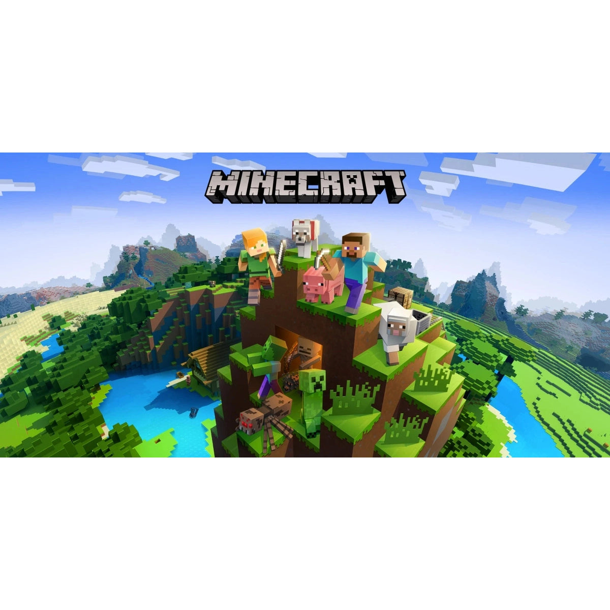 Minecraft characters on a grassy island with the game's logo above.