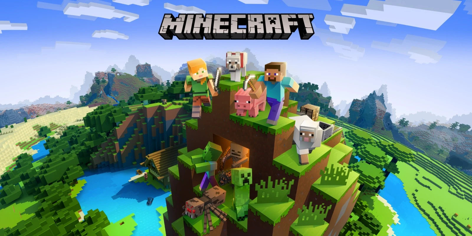 Minecraft characters on a grassy island with the game's logo above.